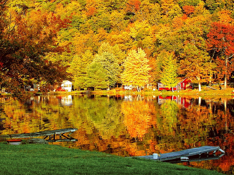 One autumn day, pretty, shore, house, foliage, mirrored, riverbank usa, nice, morning, reflection, lovely, warm, vermont, trees, rays, fall, colorful, autumn, cottage, sunny, shine, bonito, river, america, cabins, light, forest, clear, place, colors, lake, day, nature, lakeshore, HD wallpaper
