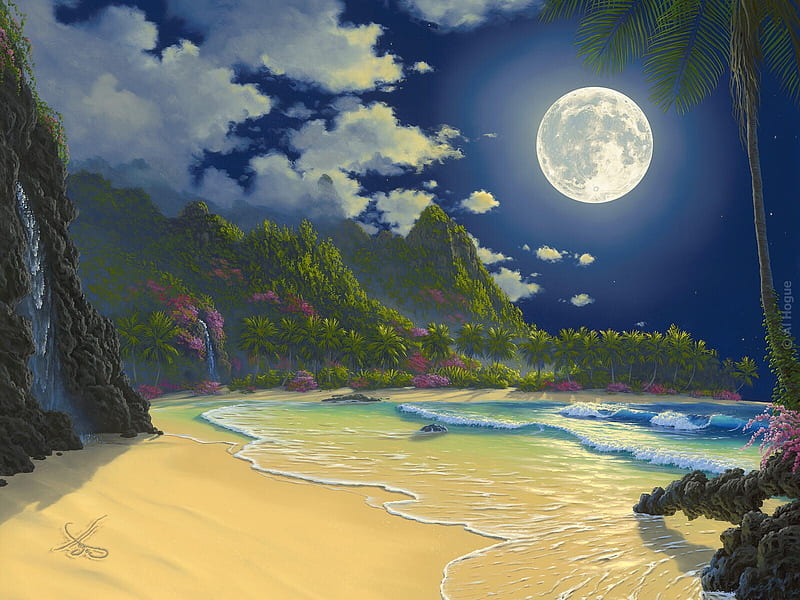 Moonrise, beach, moon, flowers, waves, trees, sky, sea, night, HD wallpaper