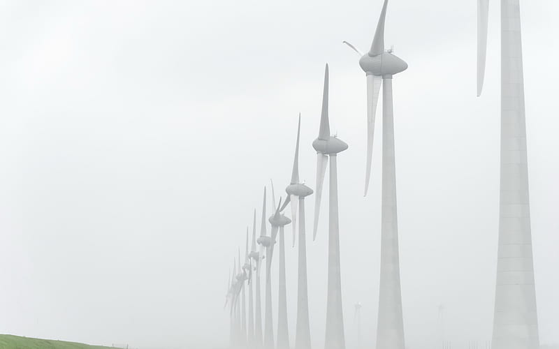 Wind power stations, fog, alternative energy sources, green energy, wind, HD wallpaper