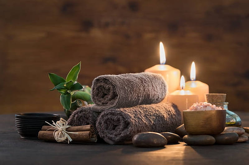 Spa treatment with a candles, Candles, Relax, Bamboo, Towels, Stones, HD wallpaper