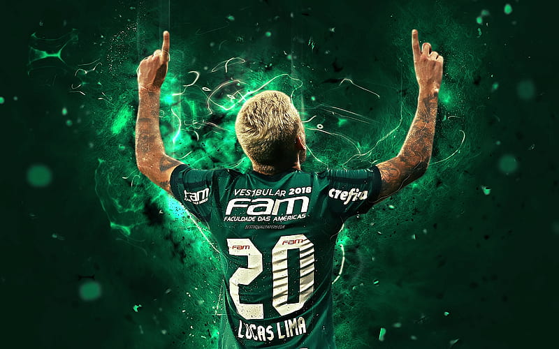 Lucas Lima, back view, brazilian footballers, SE Palmeiras, soccer, Lima, Brazilian Serie A, football, neon lights, Palmeiras FC, Brazil, HD wallpaper