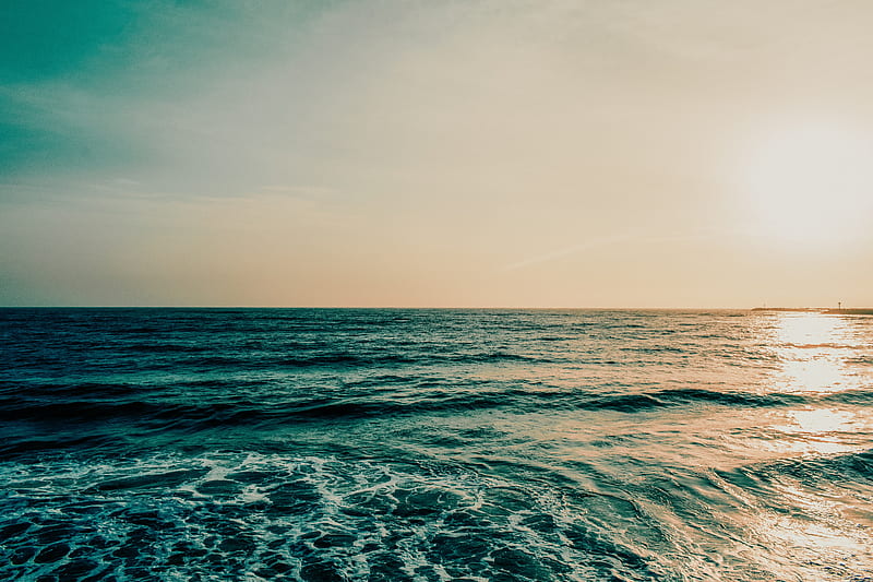 ocean, sea, horizon, water, foam, waves, sunset, HD wallpaper