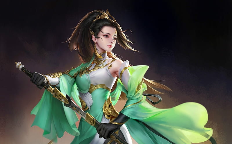 fantasy asian girl, sword, gloves, dress, Fantasy, HD wallpaper