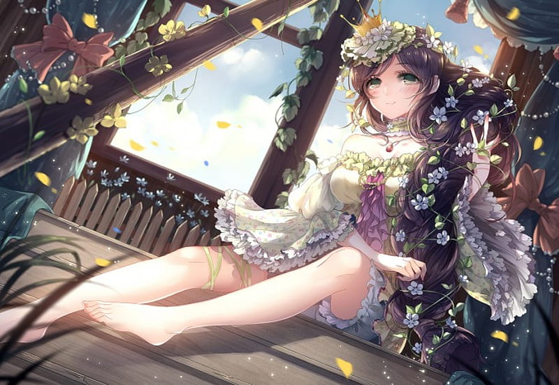 The Tower, pretty, cg, adorable, sweet, floral, nice, anime, royalty, beauty, anime girl, long hair, lovely, gown, purple hair, sexy, cute, toujou nozomi, crown, maiden dress, bonito, blossom, shorts, hot, tiara, gorgeous, female, window, brown hair, kawaii, vine, girl, flower, sitting, petals, princess, lady, HD wallpaper