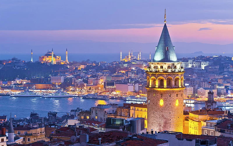 Galata Tower, Bosphorus, Istanbul, evening, sunset, ships, Istanbul cityscape, Istanbul panorama, Turkey, HD wallpaper