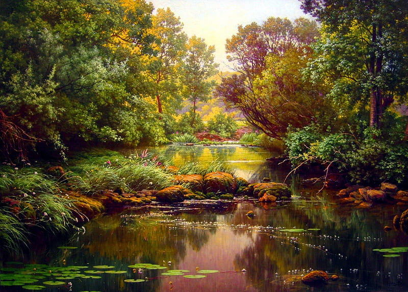 River landscape, stream, pretty, riverbank, shore, bonito, bushes, nice, calm, painting, flowers, river, reflection, forest, quiet, lovely, floating, creek, trees, tranquil, serenity, summer, nature, branches, landscape, HD wallpaper
