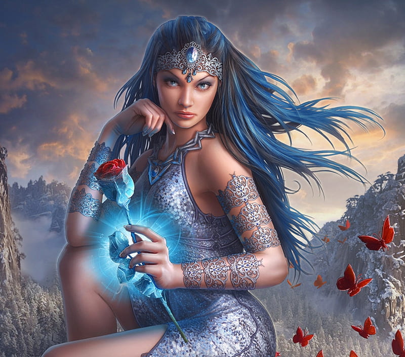 Ice maiden, kerem beyit, frumusete, fantasy, luminos, rose, flower, blue, HD wallpaper