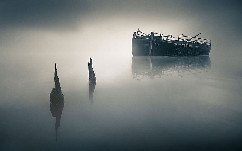 floating shipwreck in fog, wreck, floating, ship, fog, HD wallpaper