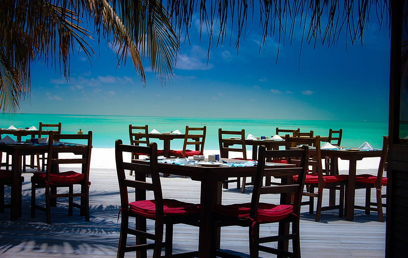 Dinner by the Beach, resort, dinner, retreat, eat, sea, beach, lagoon, bora bora, sand, chairs, blue, hotel, exotic, islands, view, food, ocean, paradise, restaurant, dine, island, tahiti, tropical, HD wallpaper