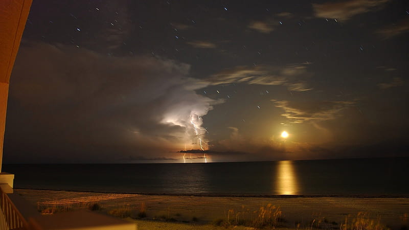 full house sky, stars, moon, lightning, clouds, sky, sea, HD wallpaper