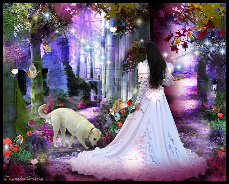 ~Seeking Love~, pretty, grass, women, sweet, fantasy, puppies, splendor, manipulation, love, emotional, flowers, forests, long hair, insects, dog, wings, lovely, models, birds, trees, cute, seeking, cool, starlight, white, colorful, dress, rose, digital arts, woods, bride, bonito, hair, leaves, blossom, people, girls, blooms, gorgeous, animals, imaginations, female, fantastic, colors, butterflies, plants, HD wallpaper