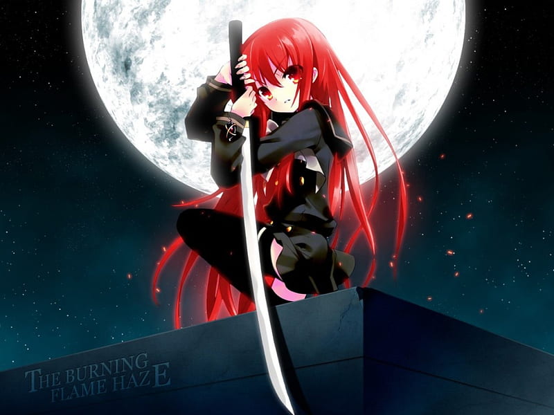 The Burning Flame Haze, red, pretty, japanese, black, bonito, red hair, moon, girl, anime, dark, katana, beauty, sword, deadly, HD wallpaper