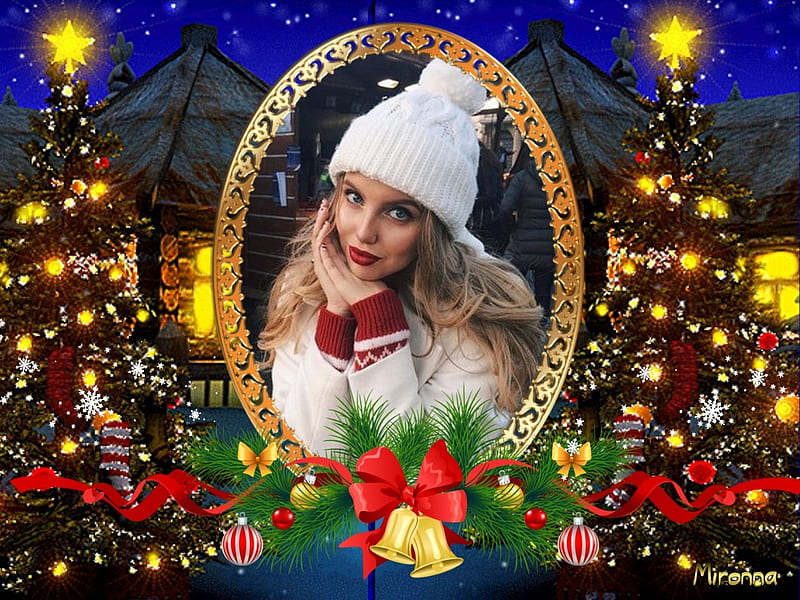 Merry Christmas, trees, lady, lights, hat, HD wallpaper | Peakpx