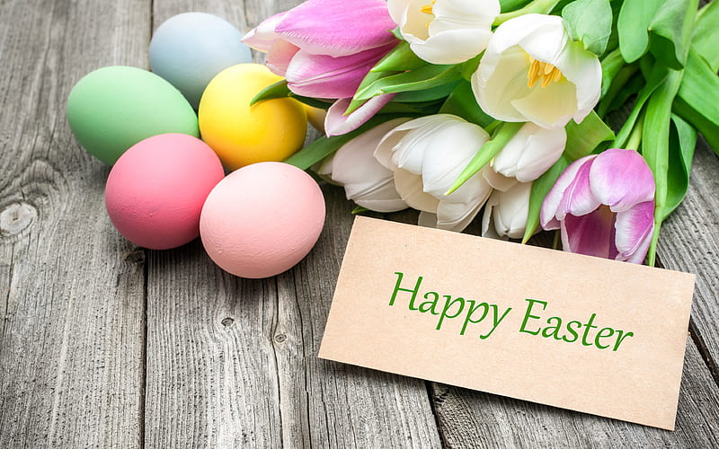 Happy Easter, Easter congratulation, tulips, easter eggs, easter decoration, Easter, HD wallpaper