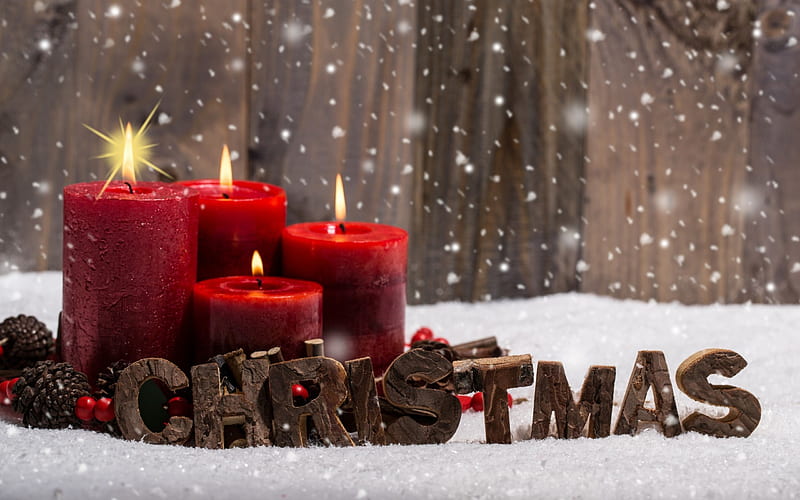 Christmas, red burning candles, New Year, winter, snow, decoration, Merry Christmas, HD wallpaper