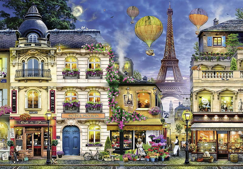 Evening Walk through Paris, restaurant, houses, eiffel tower, balloons,  people, HD wallpaper | Peakpx