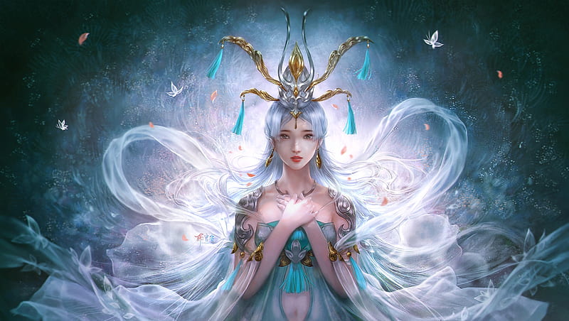 Empress, fantasy, girl, asian, queen, white, blue, yankong bu, frumusete, luminos, HD wallpaper
