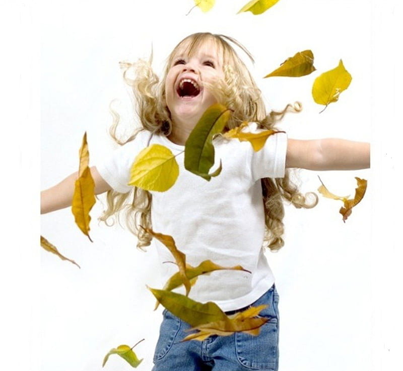 happy child, kid, joy, emotion, leaf, HD wallpaper