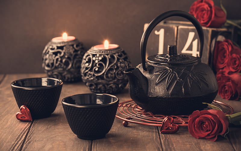 chinese black teapot, metallic black teapot, tea concepts, red roses, HD wallpaper