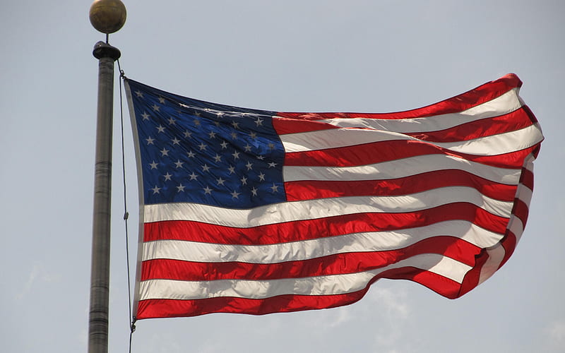 USA flag on flagpole, USA, blue sky, US flag, American national symbols, American flag on flagpole, HD wallpaper