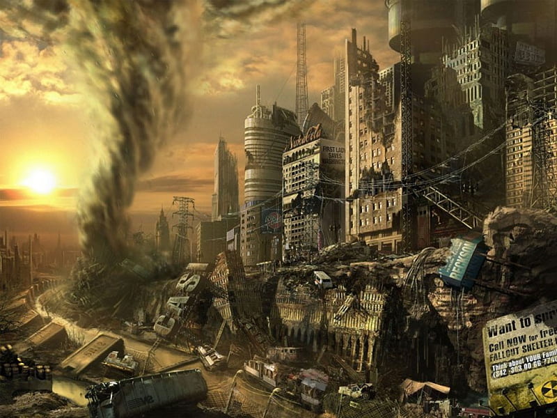 Destroyed City, Fantasy, City, Tornado, Fantasy Art, HD wallpaper