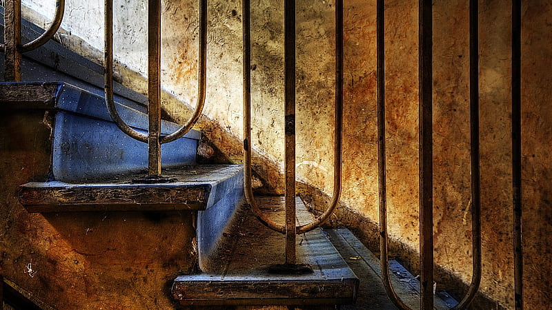 stairs in an abandoned house r, stairs, r, rails, abandoned, HD wallpaper