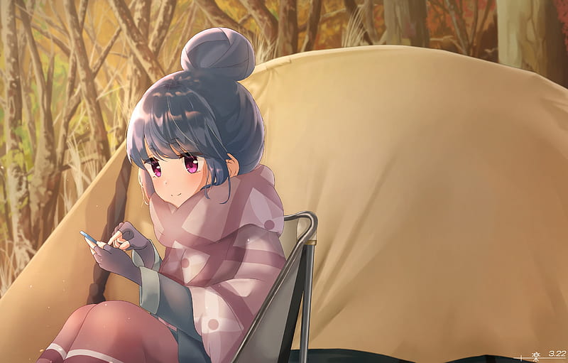 shima rin, yuru camp, winter, smartphone, cute, scarf, Anime, HD wallpaper