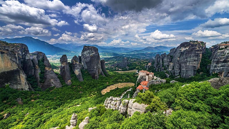 Mountain, Forest, Meteora, Greece, Religious, HD wallpaper