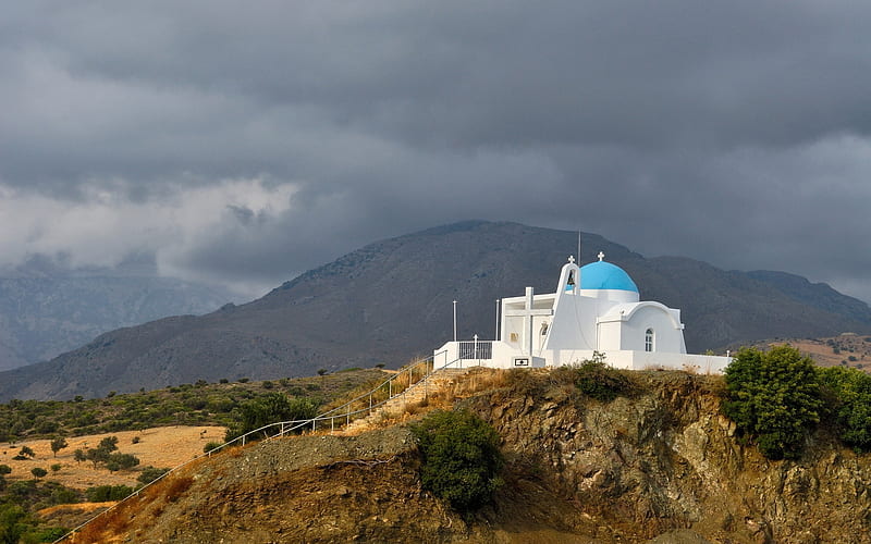 Greek Cloister Church, building, mountains, clouds, sky, landscape, HD wallpaper