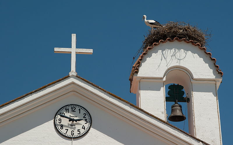 Bell Tower in Portugal, clock, cross, church, nest, stork, bell, HD wallpaper