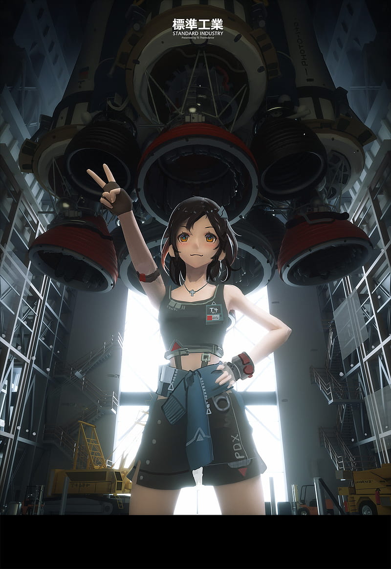 vest, anime, anime girls, brunette, standing, hand gesture, hands on hips, rocket, T5, science fiction, women, science fiction women, frontal view, low-angle, peace sign, engine exhaust, exhaust pipes, backlighting, HD phone wallpaper