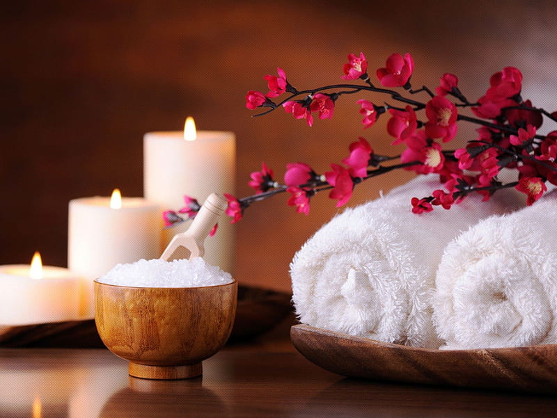 CANDLES IN THE SPA, TOWELS, DAY, CANDLES, RELAXING, HD wallpaper