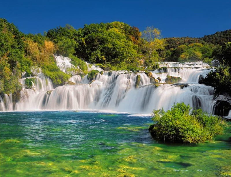 Krka falls, stream, lovely, krka, Croatia, power, bonito, emerald, trees, sky, cascades, green, national park, summer, waterfall, falls, HD wallpaper