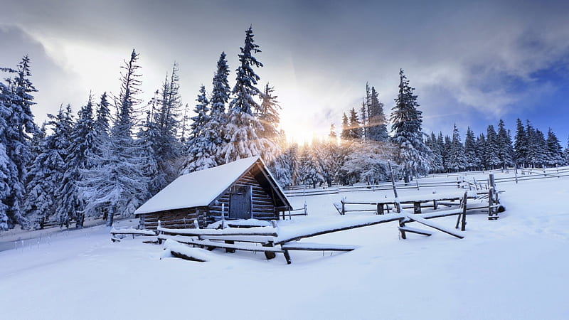 Mountain Ranch in Winter Sunrise, fence, house, sun, snow, trees, clouds, sky, firs, HD wallpaper