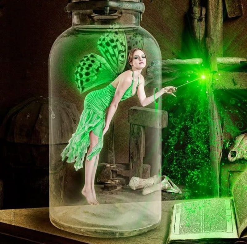 Fairy in a Bottle, table, wand, green, bottle, book, magic, fairy, HD wallpaper
