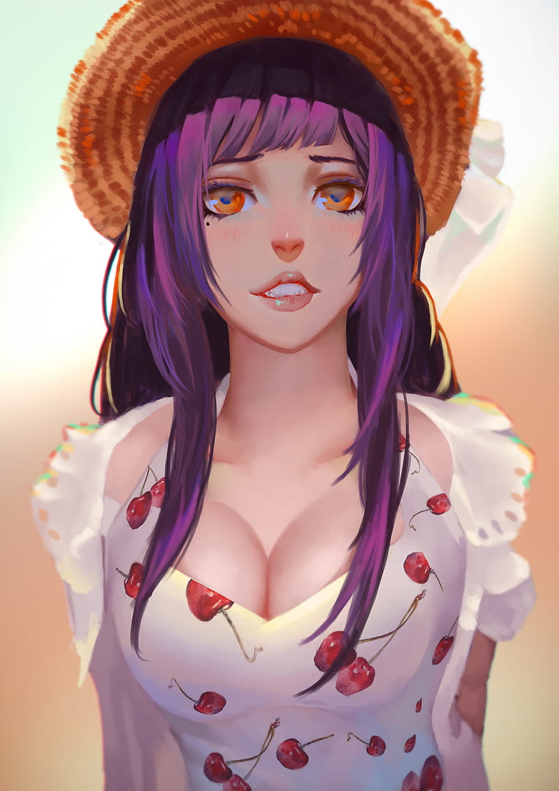 Anime girls, original characters, women, women with hats, straw hat, purple  hair, HD phone wallpaper | Peakpx