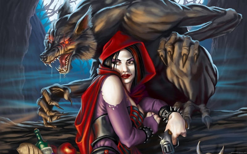 Red And Wolf, werewolf, scars, gun, woman, HD wallpaper