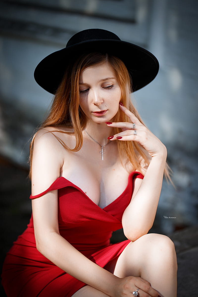 women, model, touching face, outdoors, depth of field, red nails, necklace, women with hats, hat, bare shoulders, cleavage, dress, red dress, sitting, portrait display, women outdoors, Maksim Romanov, Katia Skrobot, Katia, crucifix necklace, HD phone wallpaper