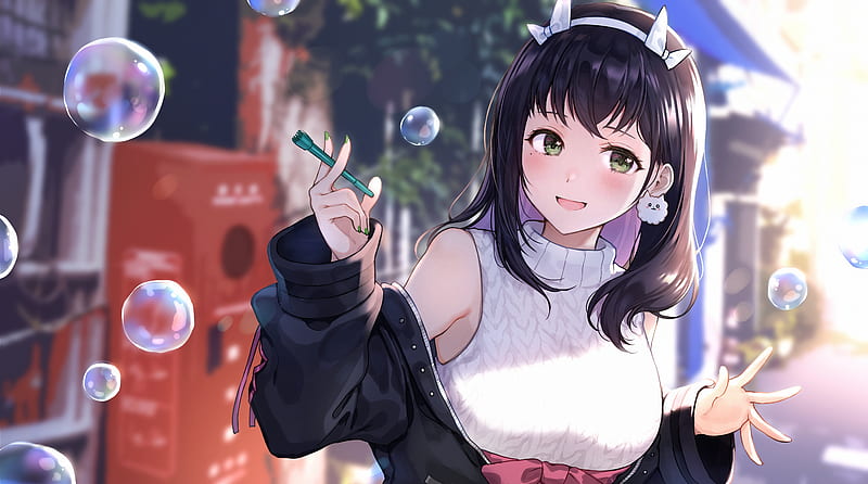 pretty anime girl, black hair, bubbles, hairband, jacket, Anime, HD wallpaper