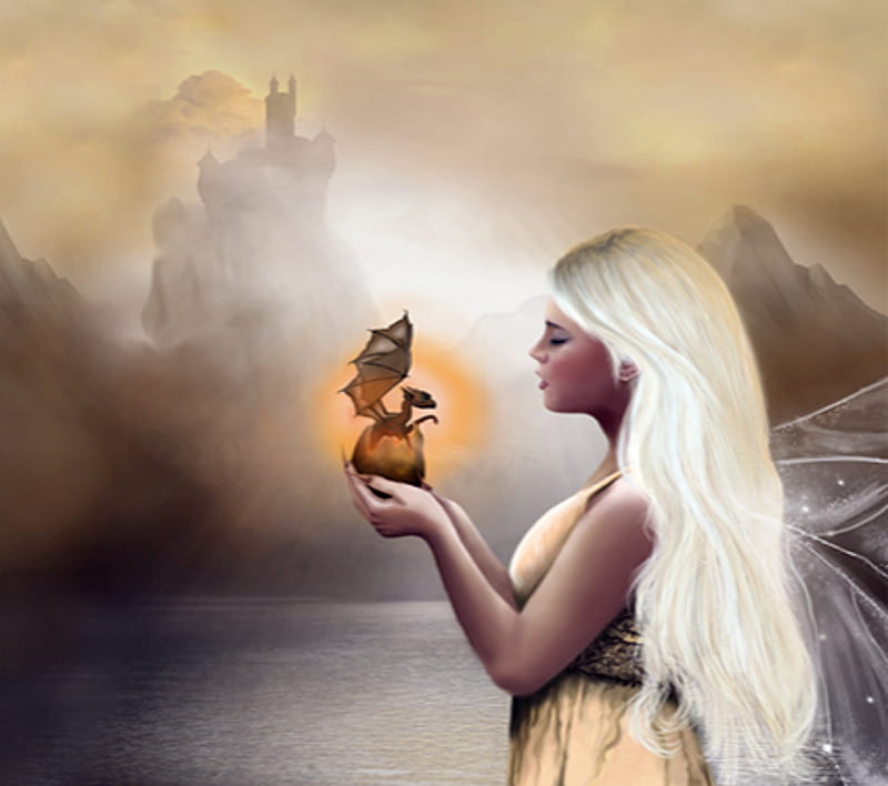 Fairy and Dragon With The Egg Shell, Long Hair, Dragon, Woman, Eggshell, Blonde, HD wallpaper