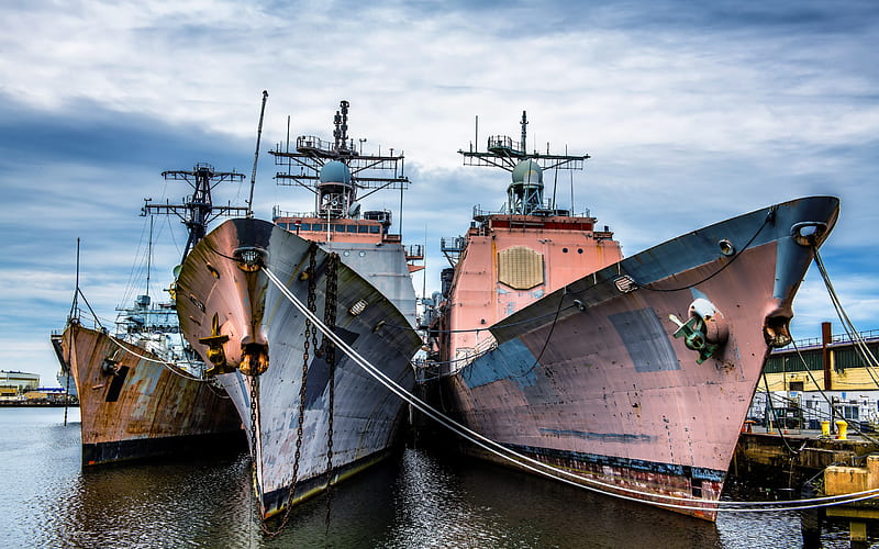 Philadelphia Navy Yard, old american warships, rusty ships, Philadelphia, Pennsylvania, USA, HD wallpaper