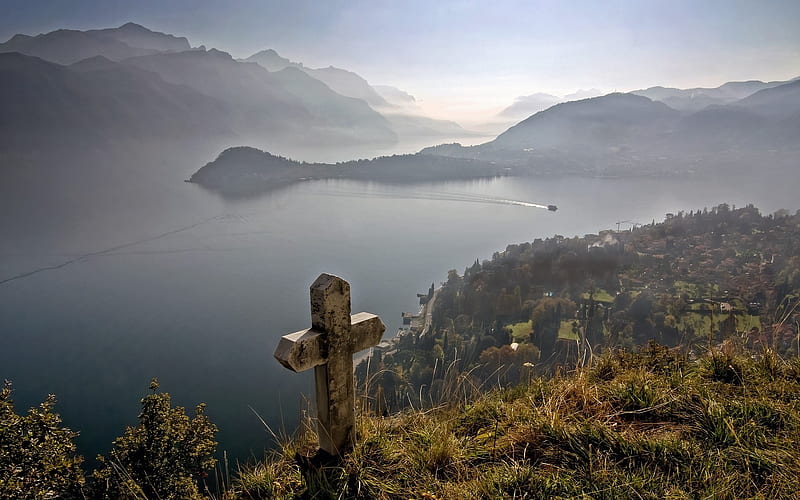 Cross by Como Lake, Italy, mountains, cross, lake, Como, HD wallpaper