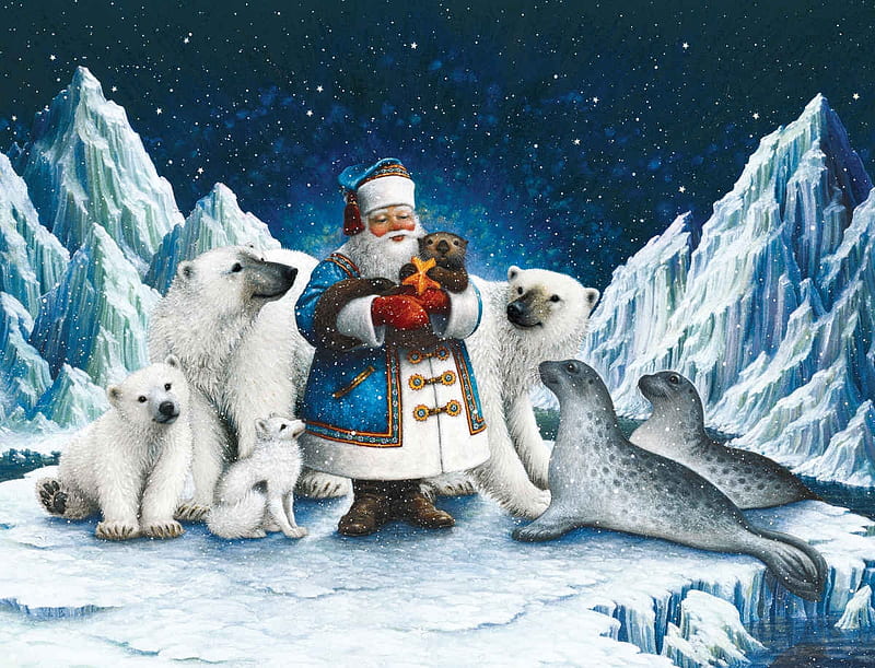 Peace on Earth, craciun, christmas, painting, white, north pole, blue, sea lion, art, santa, pictura, polar bear, HD wallpaper