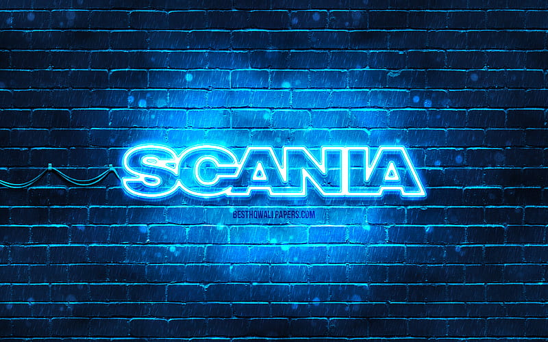 Scania blue logo, , blue brickwall, Scania logo, brands, Scania neon logo, Scania, HD wallpaper