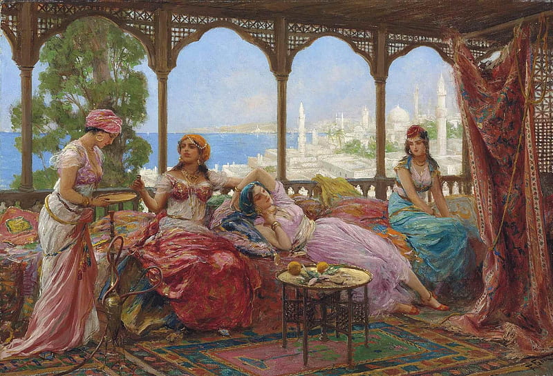 In the harem, red, harem, luminos, fabio fabbi, odalisque, woman, girl, painting, pink, pictura, blue, HD wallpaper