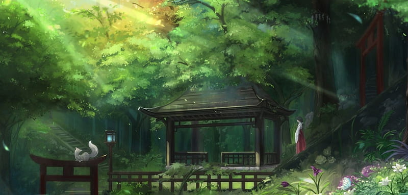 Temple, forest, art, japan, sun, woods, bonito, trees, green, anime, beauty, nature, landscape, animals, HD wallpaper