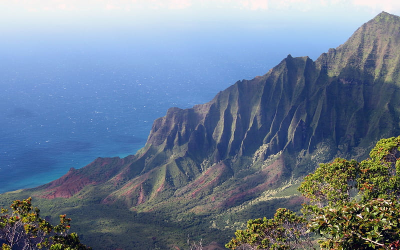 coast, ocean, mountain, Kauai, Pacific ocean, USA, HD wallpaper