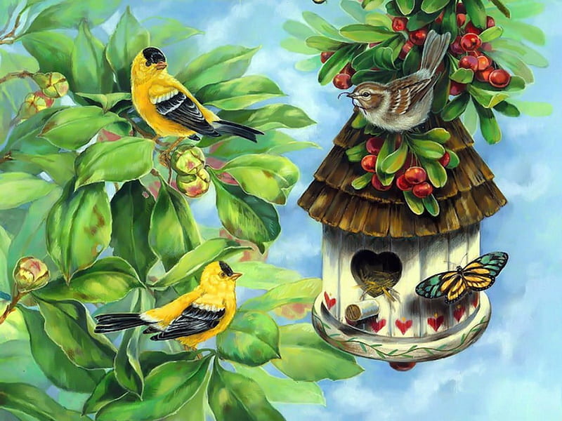 Caring parents, family, art, fruits, birds, bonito, spring, trees, leaves, parents, love, painting, summer, birdhouse, care, HD wallpaper