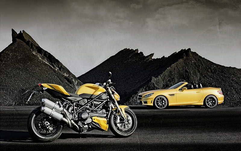 Ducati and a Mercedes in Yellow, mercedes, ducati, motorcycle, car, HD wallpaper