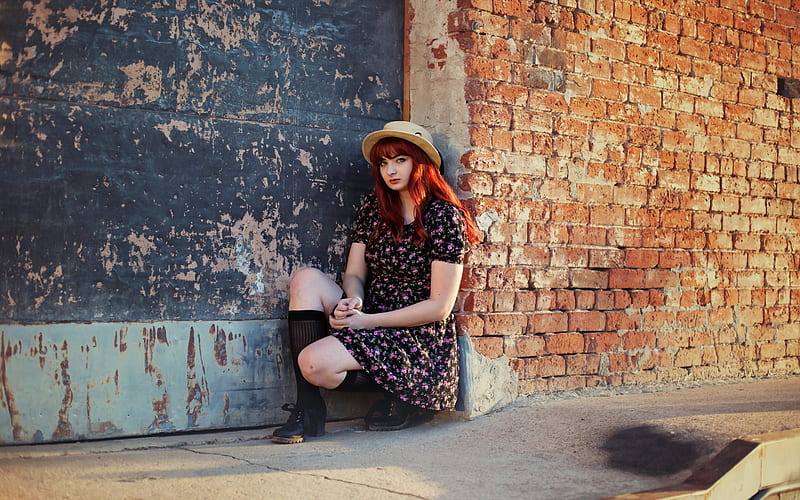 red, boots, girl, hat, wall, brick, HD wallpaper
